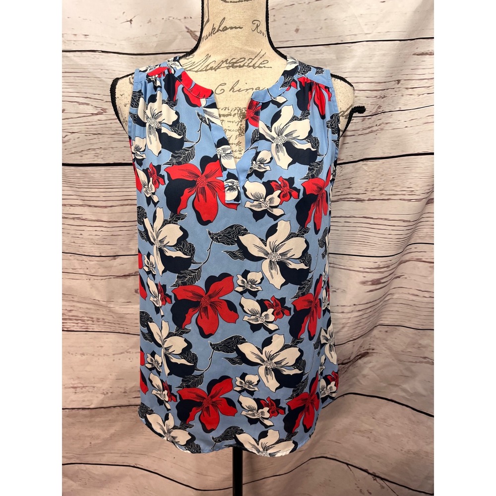 Dalia Womens Floral Sleeveless Blouse Blue Red White Split V-Neck Size M MB8053